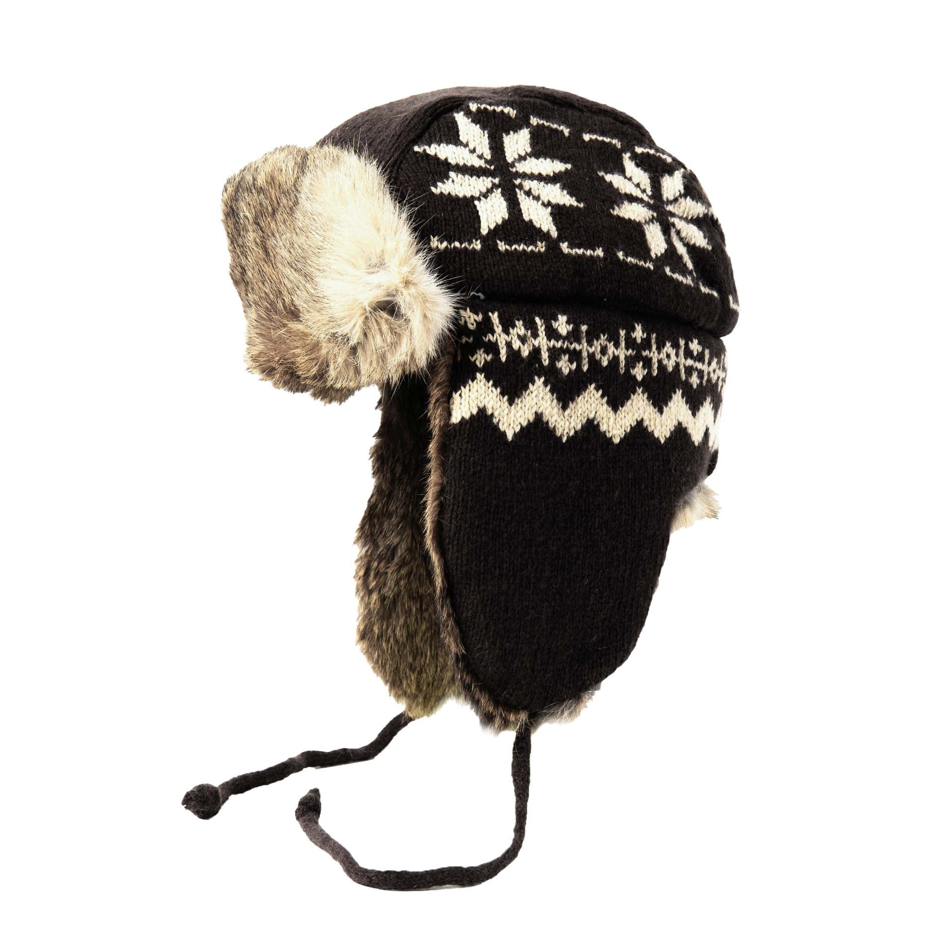 Lambs Wool Knit Aviator Hat with Rabbit Trim