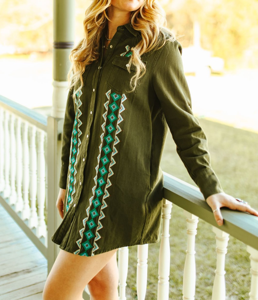 Olive Stretch Denim Embroidered Long Sleeve Shirt Dress