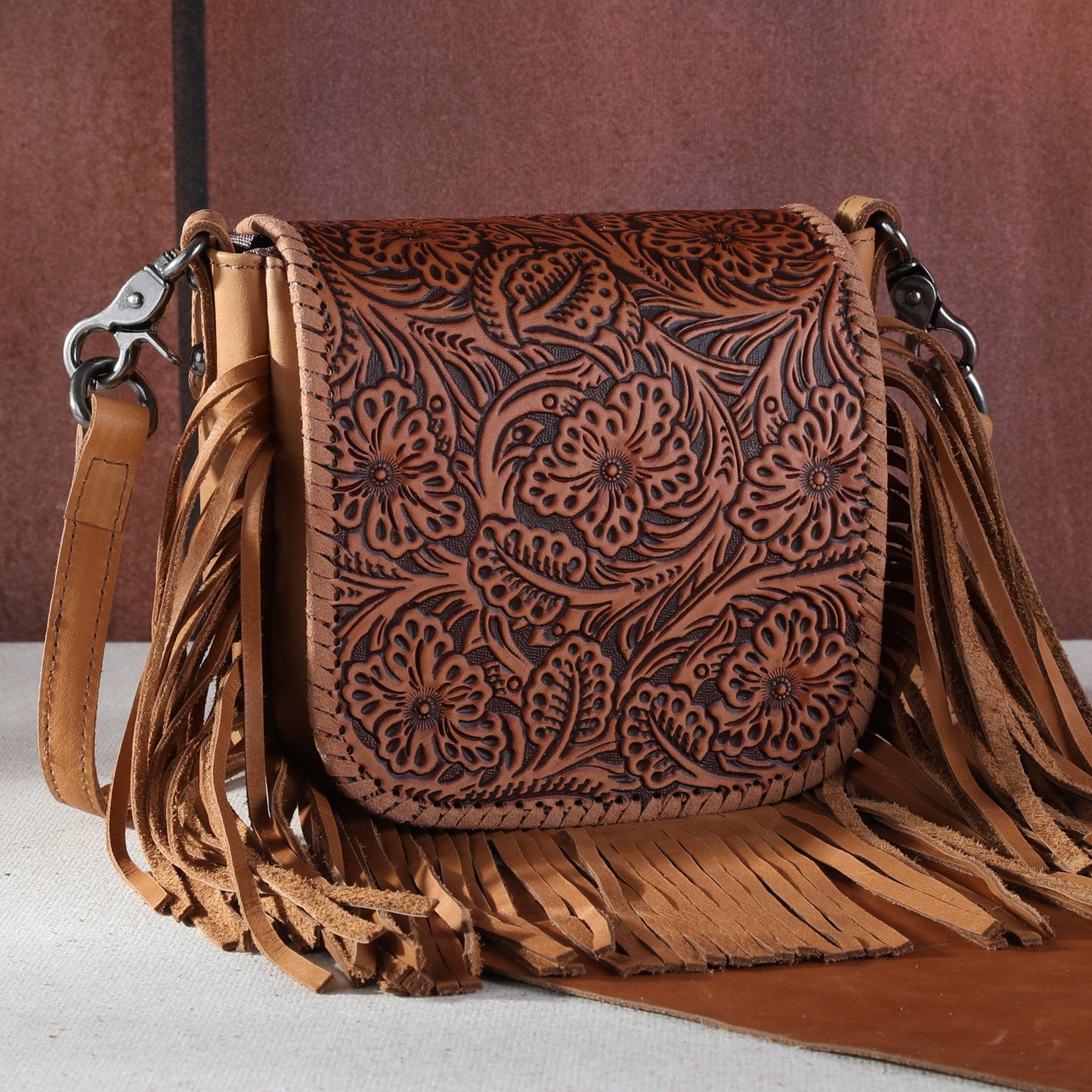 Genuine Leather Tooled Floral Fringe Crossbody Purse