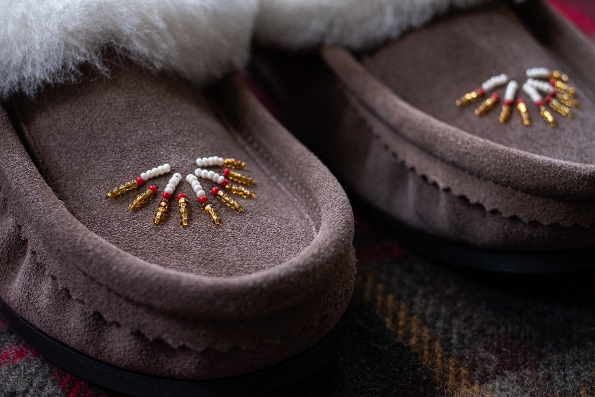 Women's Sheepskin Lined Beaded Moccasin Slippers with Sole