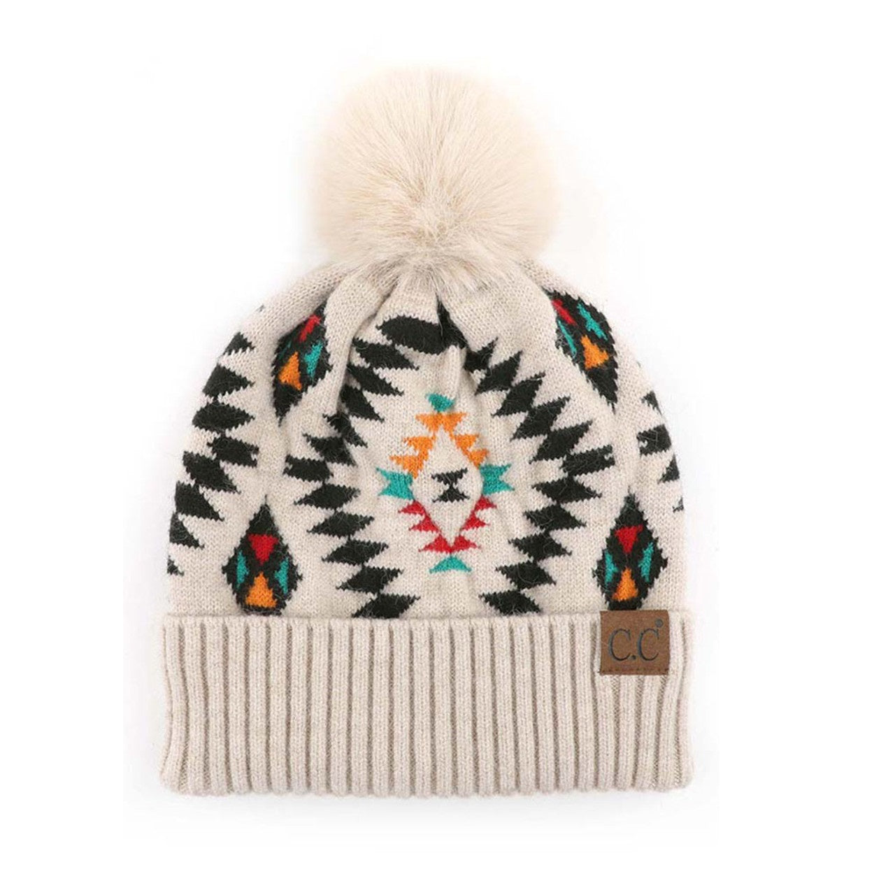 Aztec Faux Fur Pom Beanie