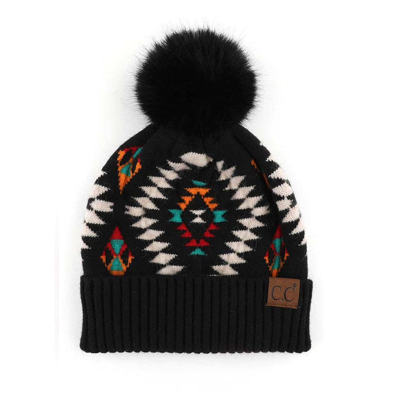 Aztec Faux Fur Pom Beanie