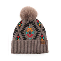 Aztec Faux Fur Pom Beanie