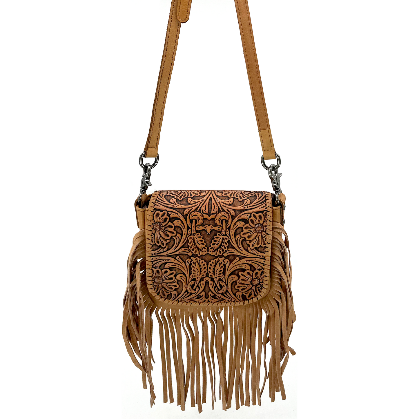 Genuine Leather Tooled Floral Fringe Crossbody Purse