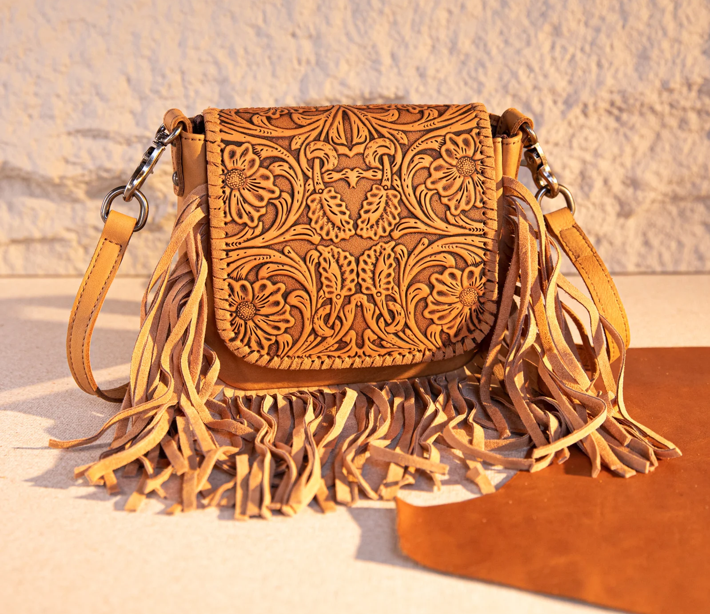 Genuine Leather Tooled Fringe Crossbody Purse