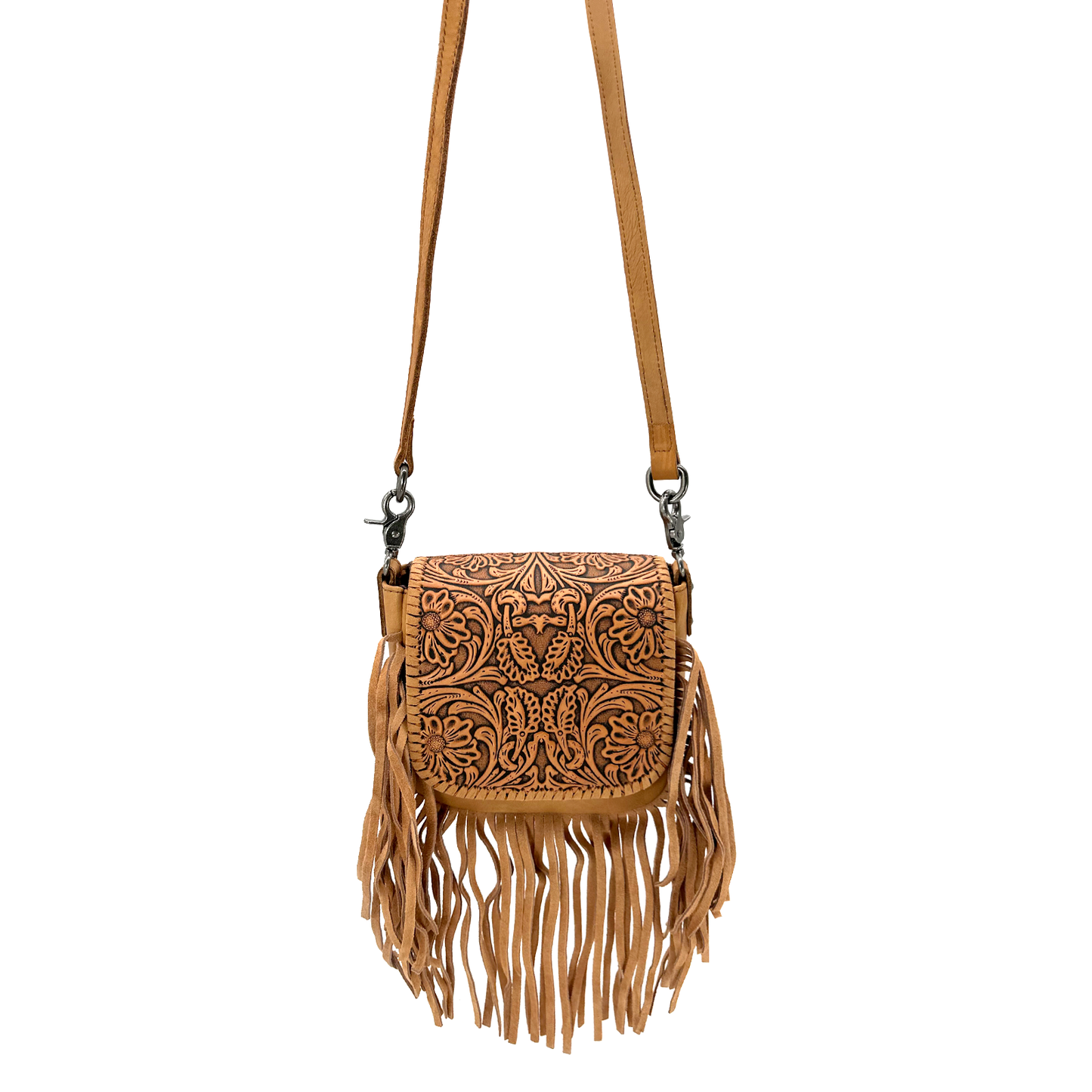 Genuine Leather Tooled Fringe Crossbody Purse