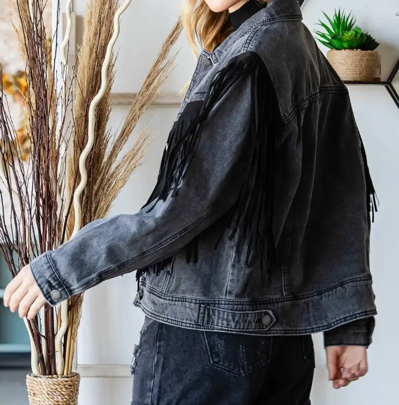 Women's Faux Leather Fringe Moto Denim Jacket