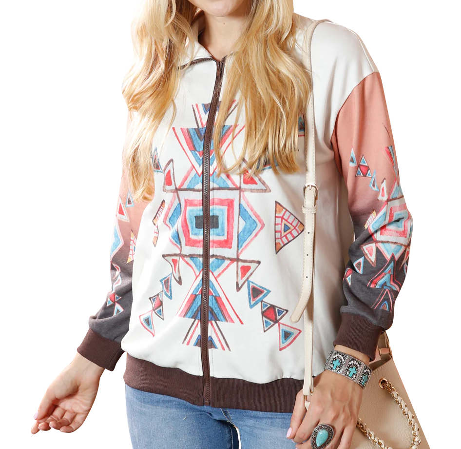 Women's Patchwork Aztec Full Zip Sweatshirt Jacket