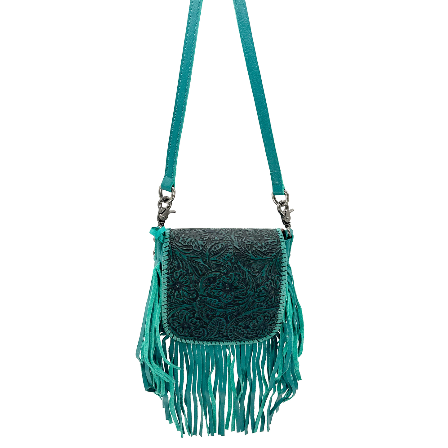 Genuine Leather Tooled Floral Fringe Crossbody Purse